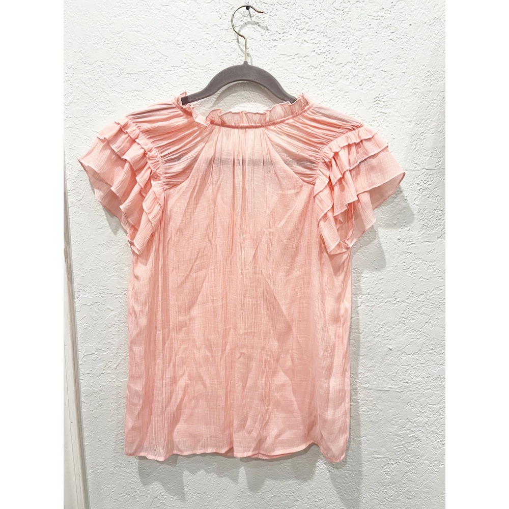 Pink Ruffle Flutter Sleeve V-Neck Tie Blouse‎ Textured Pleated Top Small - Picture 2 of 7